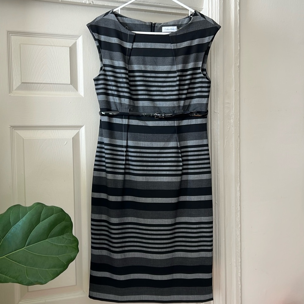 Calvin Klein black and grey striped, belted dress.